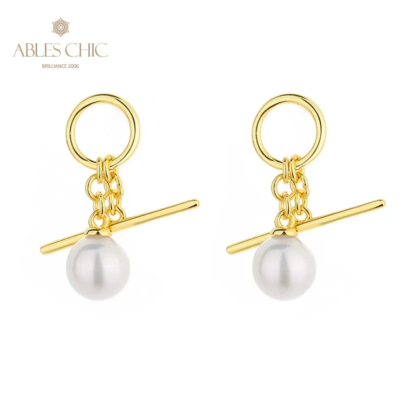 

AC Freshwater Pearls 7-7.5mm Accent T-bar Closure Studs High Polished Solid 925 Silver Long Chain Earrings PE1023