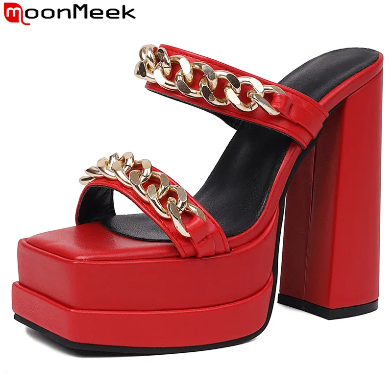 

MoonMeek 2023 Size 34-48 New Pu Metal Decoration Slippers Thick High Heels Slippers Ladies Summer Platform Women's Shoes