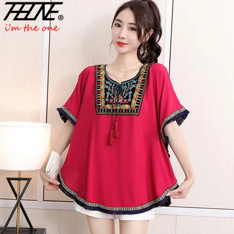 THHONE Sommer Frau T-Shirts Stickerei Indie Folk Koreanische Beiläufige Lose Druck Vintage Mode Batwing Hülse frauen Kleidung Tops