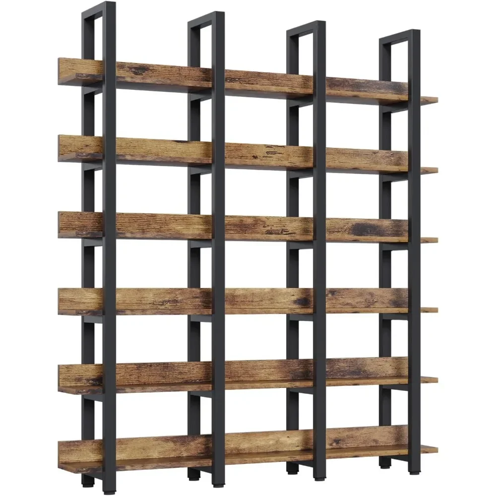 71 Tall Triple Wide 6 Tier Bookshelf, Industrial Style Bookcases, Open Display Shelves, Modern Tall Bookcase Furniture