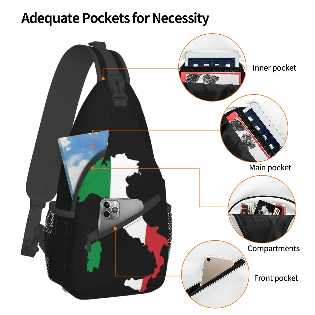 Italy Flag Small Sling Bags Chest Crossbody Shoulder Backpack Outdoor Hiking Daypacks Casual Bookbag