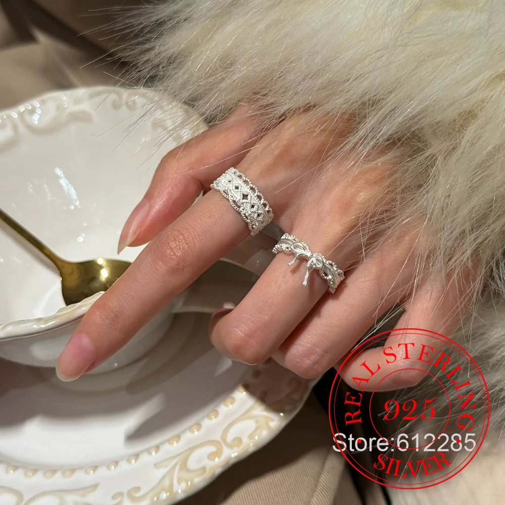 

925 Sterling Silver Jewelry Vintage Hollow Lace Bowknot Finger Rings for Women Wedding Party Jewelry For Girls Friend Gift