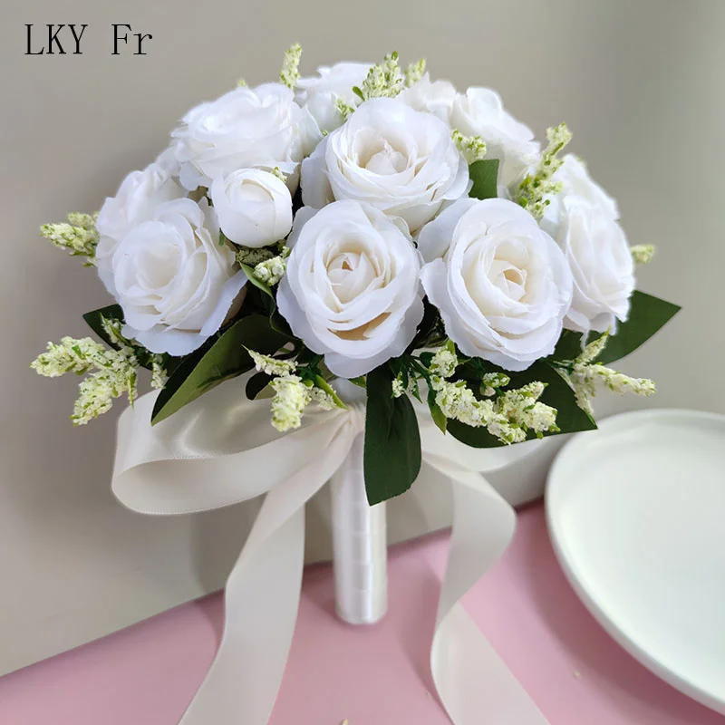 

LKY Fr Bride Wedding Bouquet for Bridesmaid Groom Boutonniere Wrist Corsage Marriage Accessories White Roses Artificial Flowers