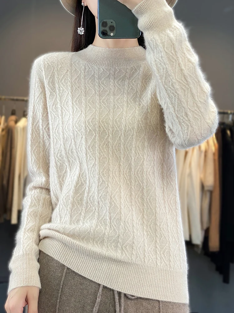 100% Wool Women's Sweater O-Neck Pullover Long Sleeve Top Knitwear Thick Warm Jumper Soft Comfortable Jacquard Sweater Fashion