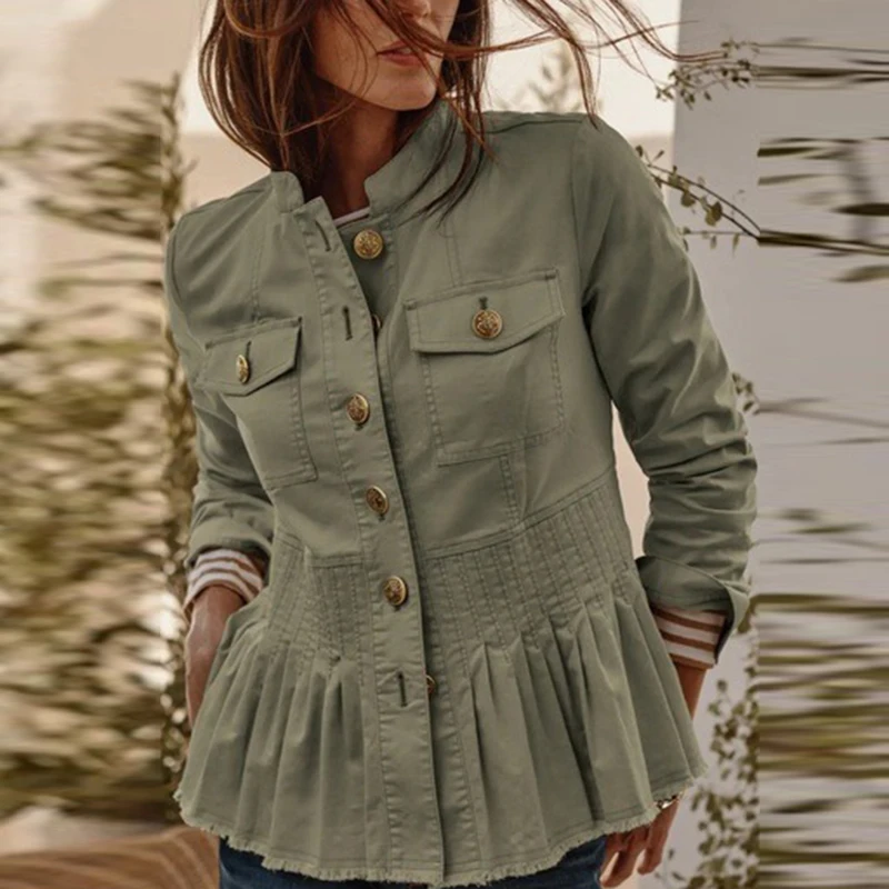 

Woman Vintage Outwear Jacket 2025 Spring Fall New Long Sleeves Pocket 100% Cotton Army Green Vintage Casual Women's Button Coat