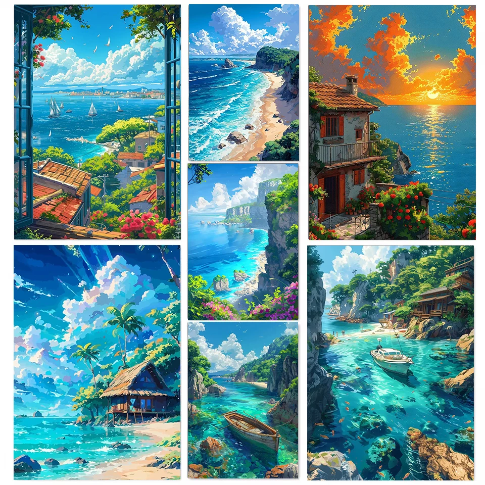 Schöne Anime-Küste, natürliche Touristenlandschaft, Kunstposter, Leinwanddrucke, Wandgemälde, Wohnzimmer, Schlafzimmer, Heimdekoration