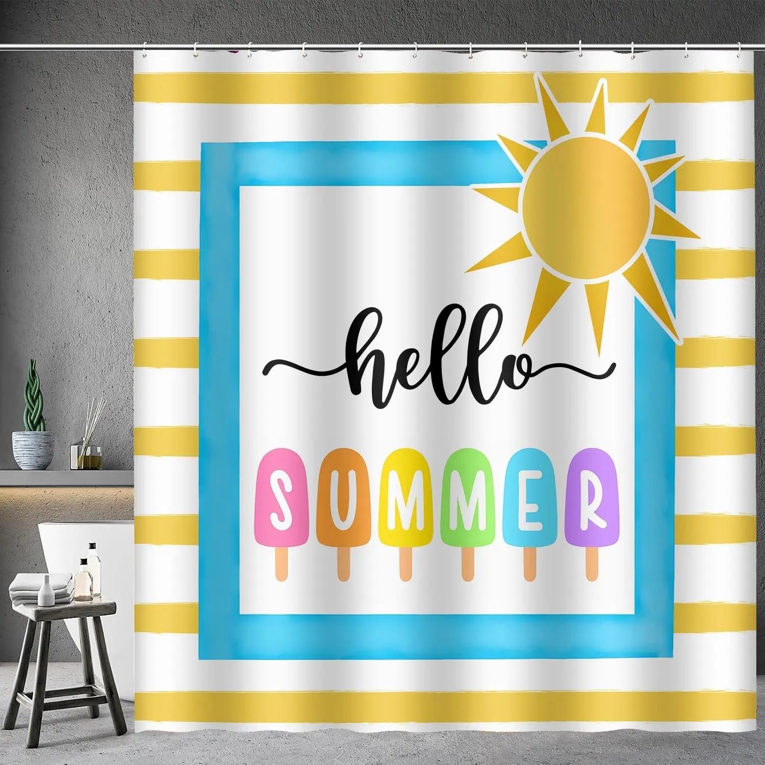 

Ретро летняя тема занавески для душа для ванной комнаты желтые полосы милое солнце красочное мороженое забавная пляжная ткань полиэстер для ванны
