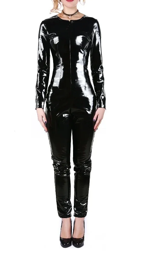 New Punk Leather jumpsuits Body Bodysuit Sexy Women Black PU Leather Teddy PVC Leotard Latex Jumpsuits