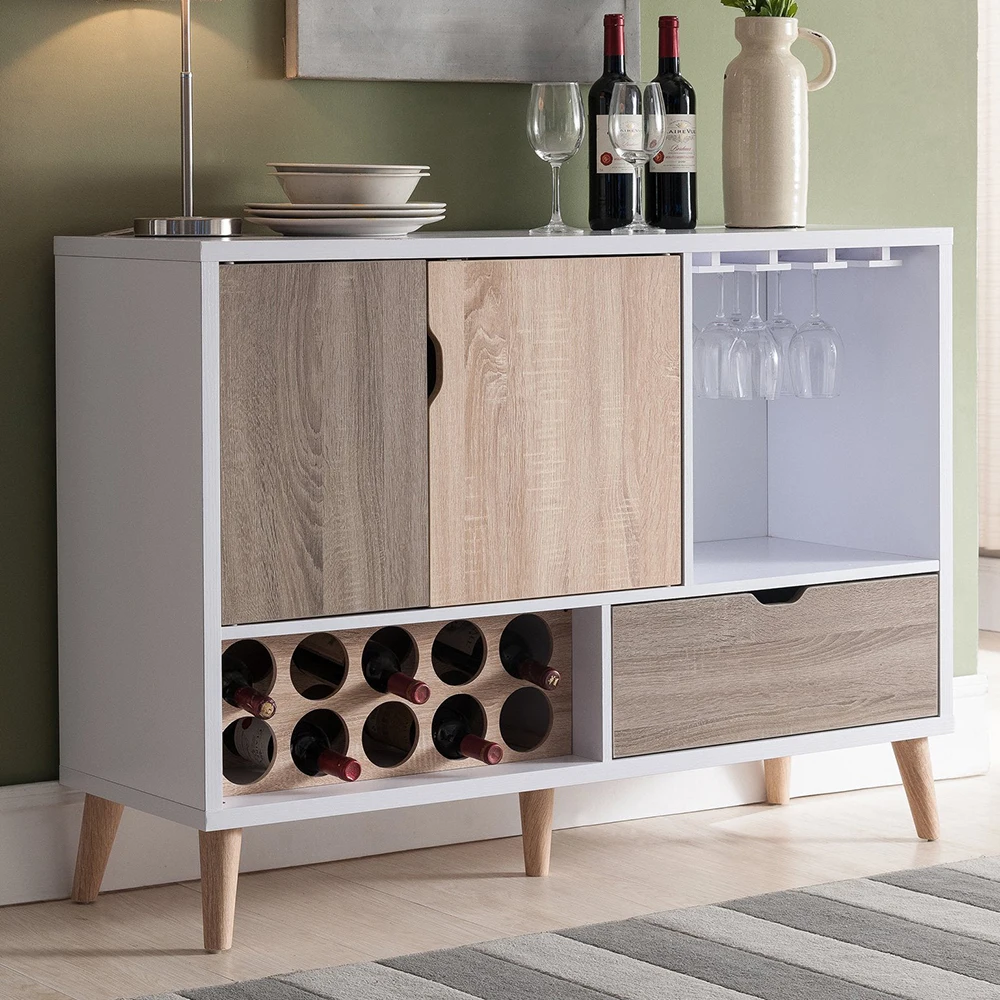#Mid-century White Buffet Wood Bar Wine Cabinet