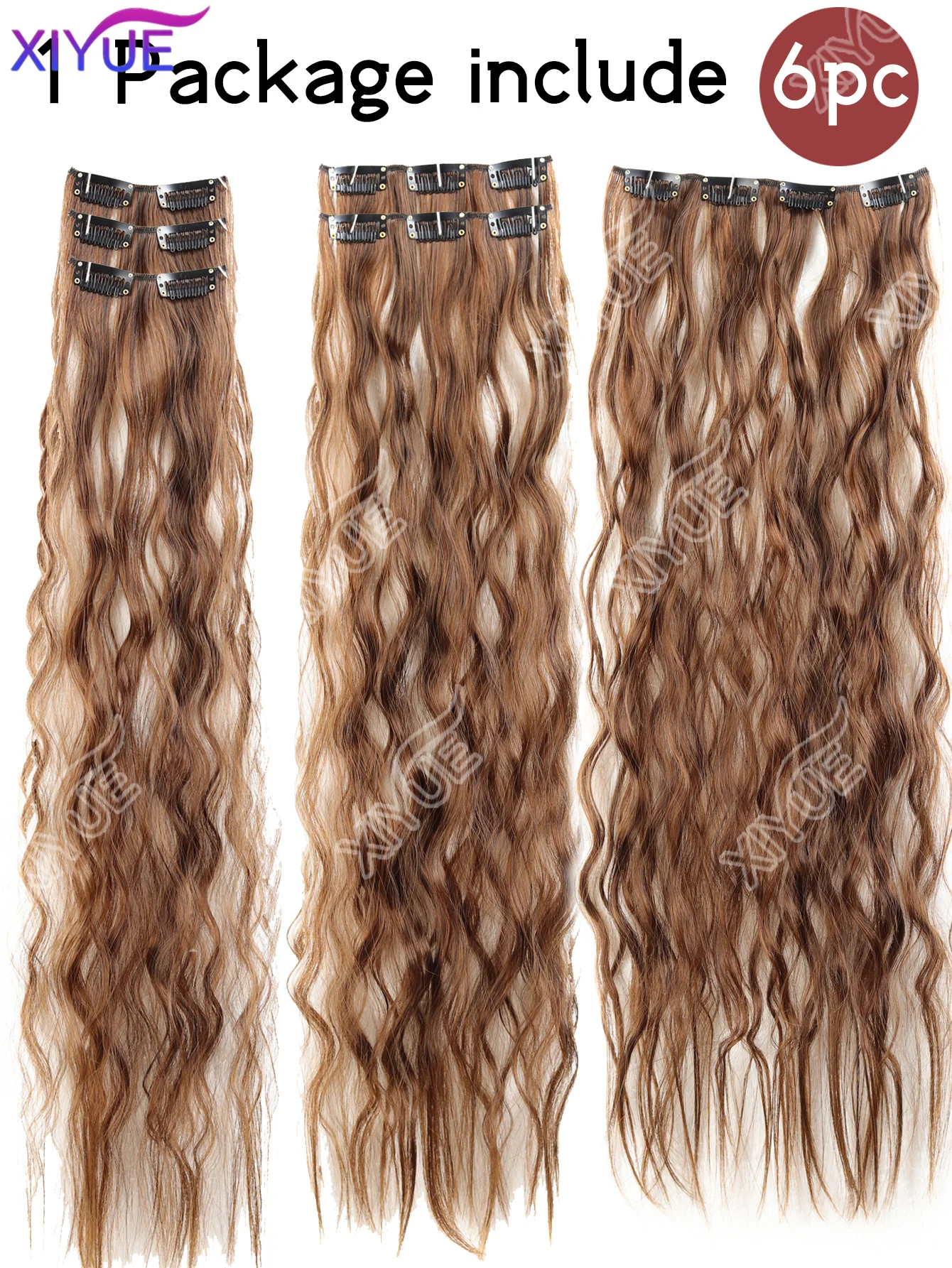 XIYUE synthetische clip-in haarextensies 24 inch lange watergolf haarverlenging voor vrouwen volledig hoofd synthetische haarextensies