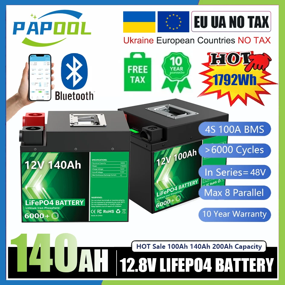 LiFePO4 Battery 12V 140Ah 1792Wh Bluetooth 6000 Cycle 4S BMS Grade A 100Ah 200Ah 24V lithium Pack For RV Boat Solar EU UA NO TAX