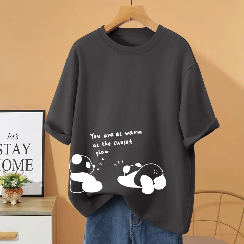 Summer Women Clothing Casual Loose T-shirt, 100% Cotton Fashion Basic Pullovers, Cartoon Printed O-neck Short Sleeve Top Tee