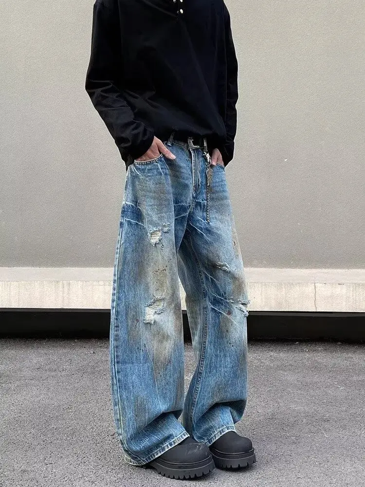 2000S Kleidung Y2K Grunge Old Dirty Washed Blue Baggy Zerrissene Jeans Hosen Für Männer 90S Vintage Kleidung Denim Hosen Ropa Hombre – Detail 10