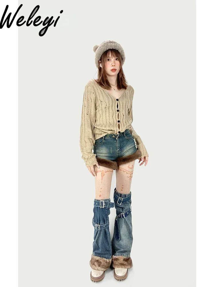 American Style Blue High Waisted Jeans Women's Autumn and Winter New Shorts with Boots Outer Wear Fluffy Stitching Jeans Shorts