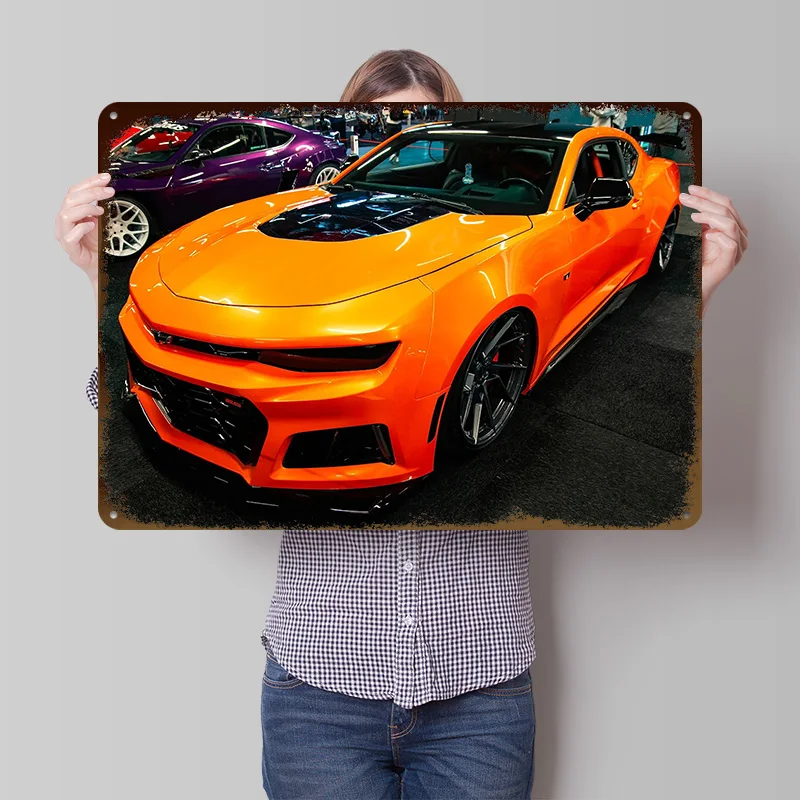 Orange Sports Camaro ZL1 Printed Poster Customized Wall Art Retro Vintage Metal Tin Signs for Living Room Decoration House Decor