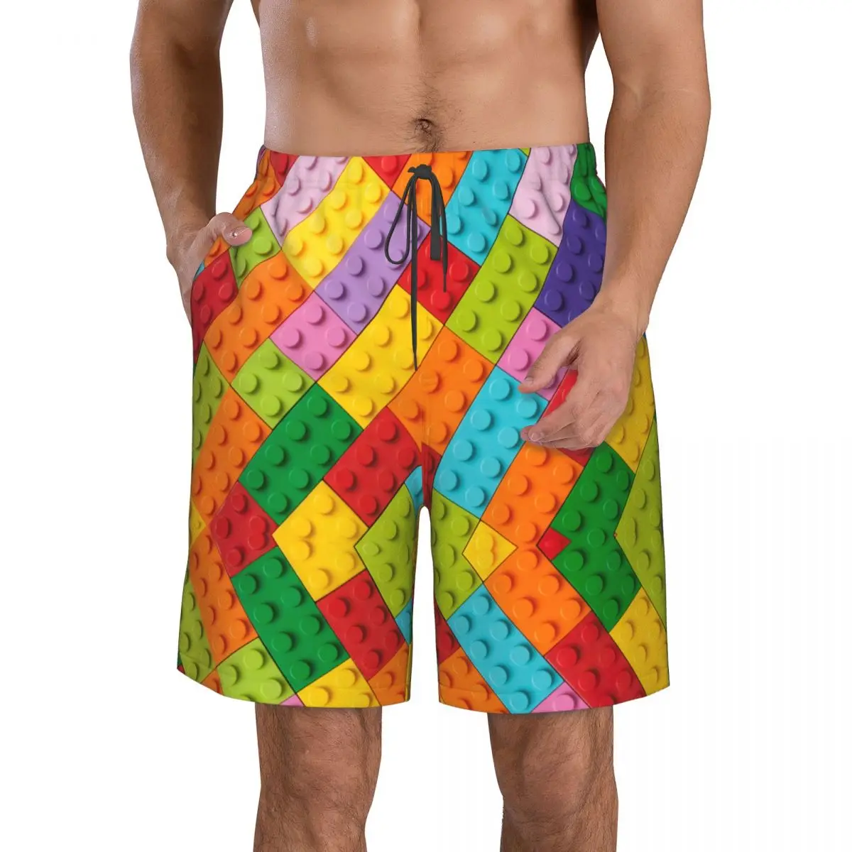 Calção de banho masculino, calças prancheta de surf, roupas de praia, shorts, padrão bloco