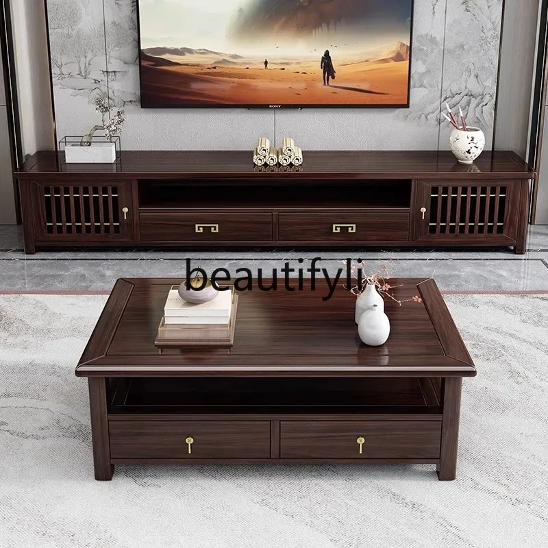D2520 New Chinese Style Light Luxury High-End Ebony Solid Wood TV Cabinet and Coffee Table Set Living Room Rock Slab Floor Cabin