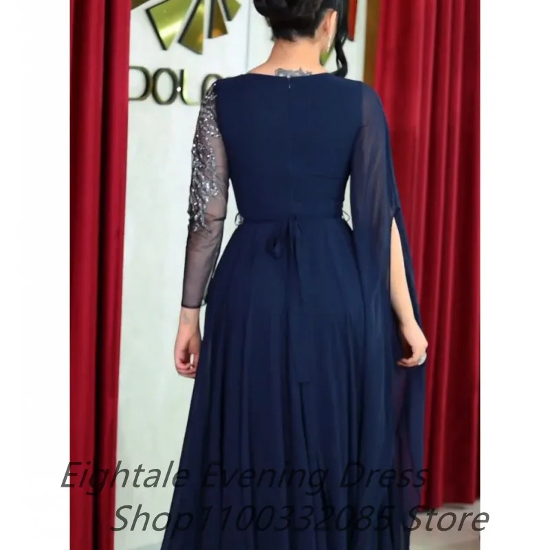 Customized Navy Blue Chiffon A Line Long Sleeve Evening Dress For Wedding Party Sequined Prom Dress Dubai Party Gown New