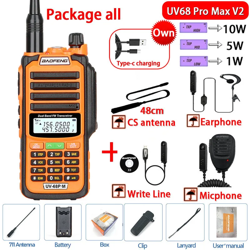 BAOFENG UV68 Pro Max V2 10W Dual Band TypeC Charger IP68 Waterproof CB Radio 50KM Long Range Ham Radio Walkie Talkie TwoWayRadio