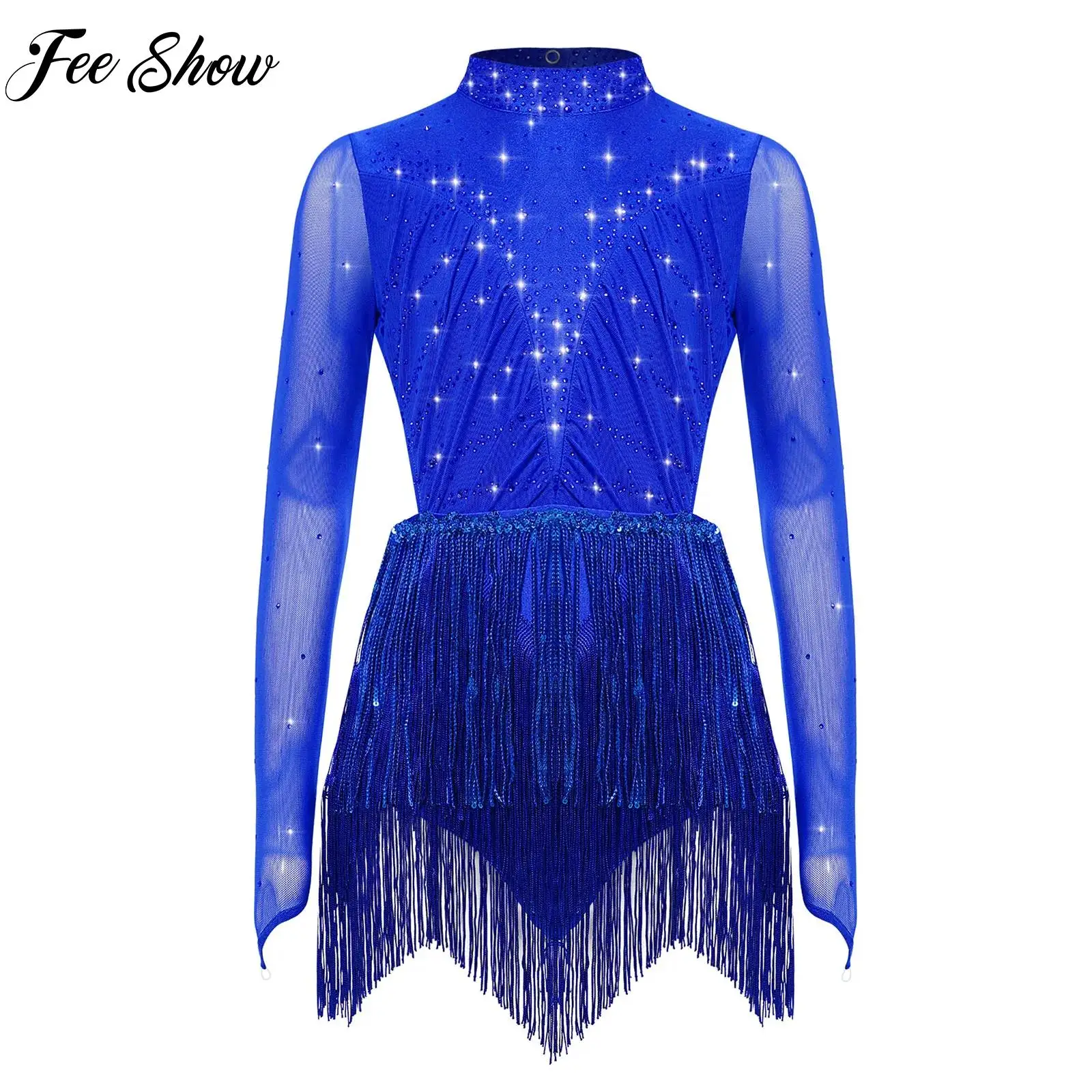 

Kids Girls Latin Dance Leotard Professional Ballroom Salsa Samba Cha-cha Dancing Costume Sequins Tassels Bodysuit Dancewear Set