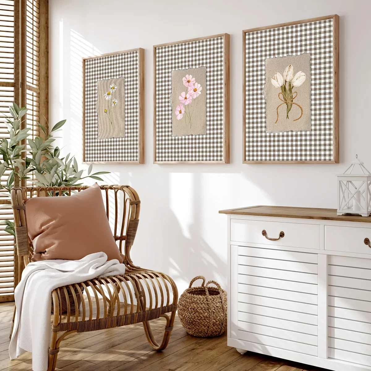 Juego de arte de pared floral de guinga marrón, carteles de lienzo de inspiración vintage con margaritas blancas y flores rosas, hogar moderno sin marco, 3 uds.