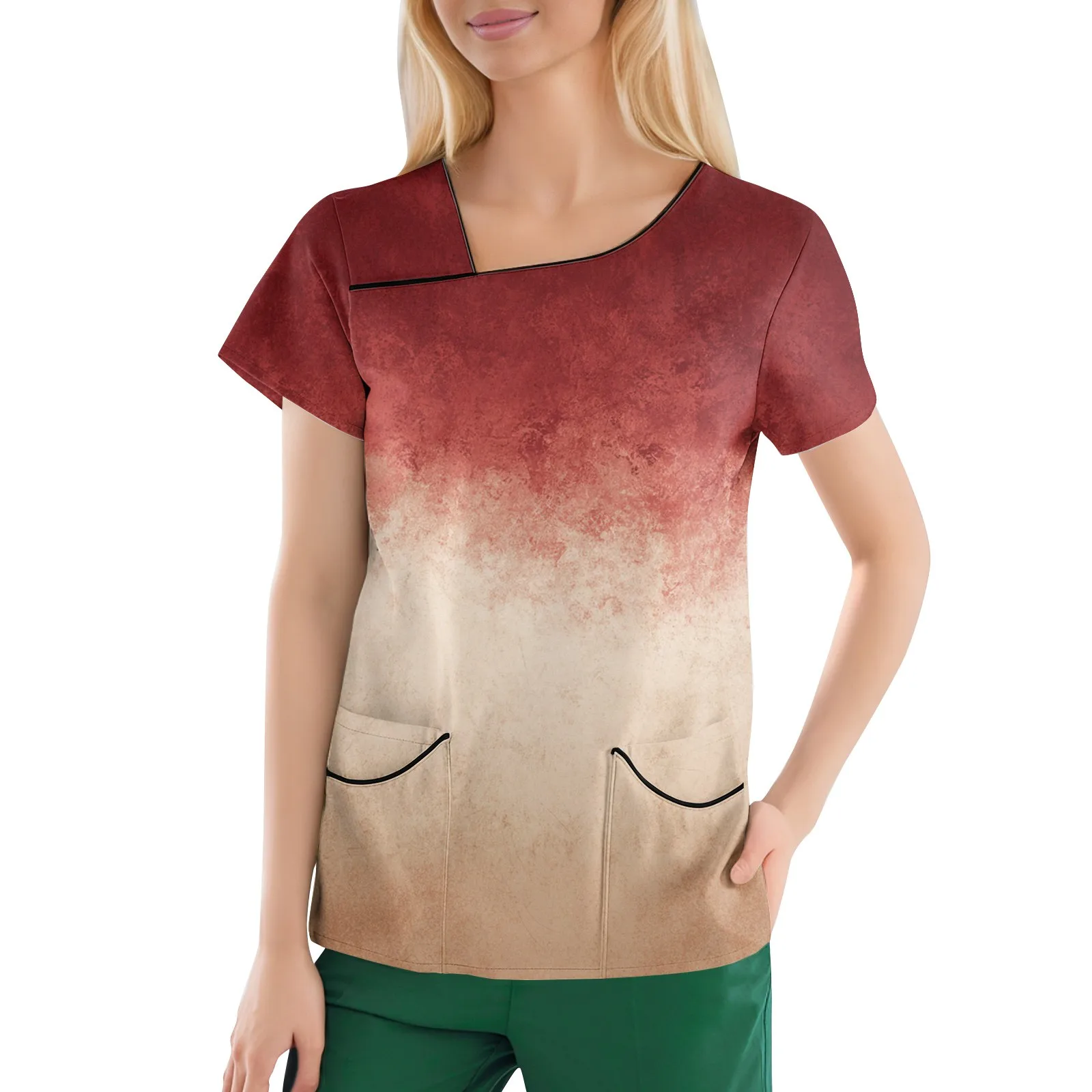 

Women's Halloween Printed Slant Collar Double Pocket Nursing T-Shirt Short Sleeve Medical Nursing Uniform Basic Pullover Top