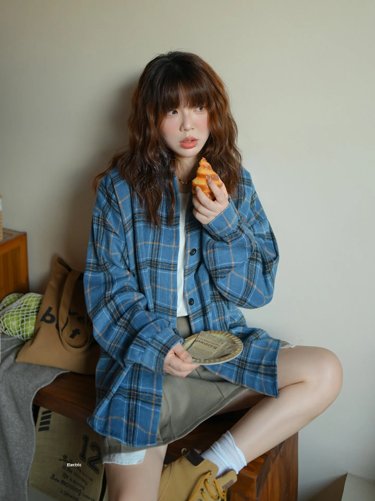 

Loose Casual Blue Plaid Floing Women's irt Autumn Winter New Sle Korean Version Long Sve Button up Top Outerwear