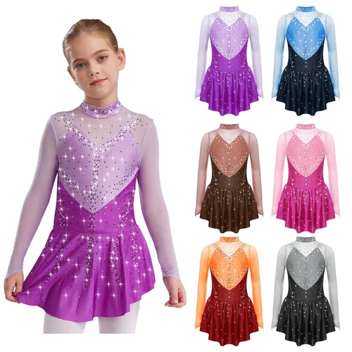 Imagen 2 del producto Vestido de baile de patinaje artístico para niñas, leotardo de gimnasia lírica de Ballet, vestido de malla transparente con diamantes de imitación y bloques de Color de manga larga