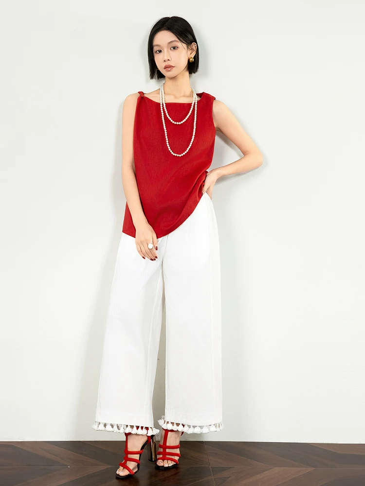 Double-Sided Wear Asymmetric Knot Design Red Linen Top Vest Women's Snail Miss One-oulder Linen Blend Casual Summer Top