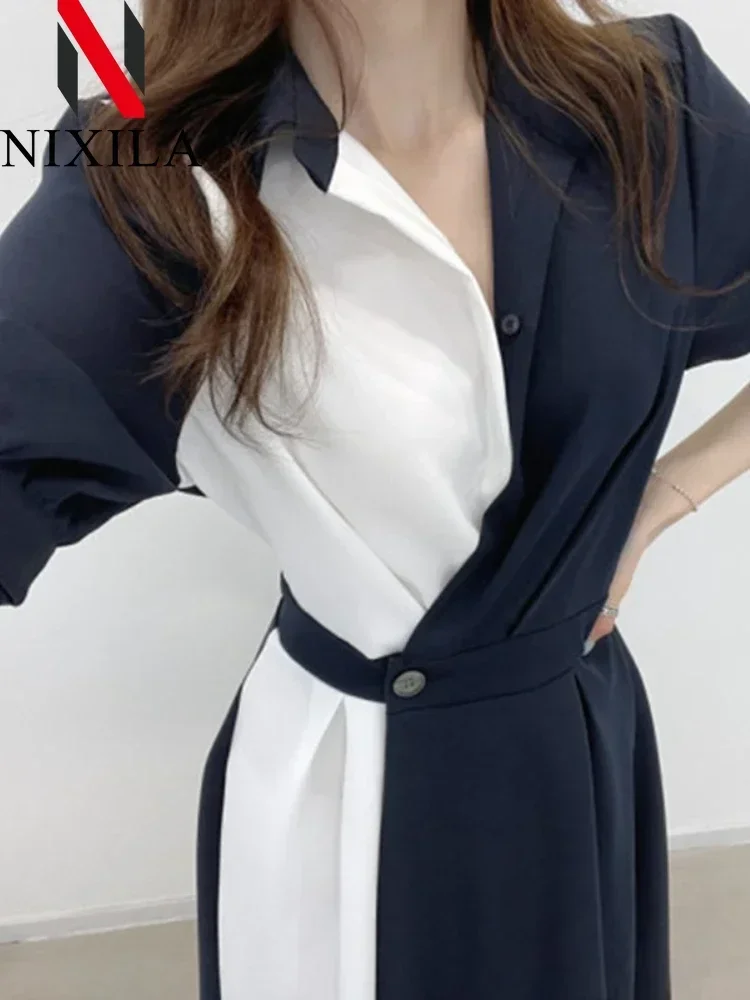 Elegante escritório feminino retalhos camisa vestido vintage a linha midi primavera verão roupas de manga curta para senhoras