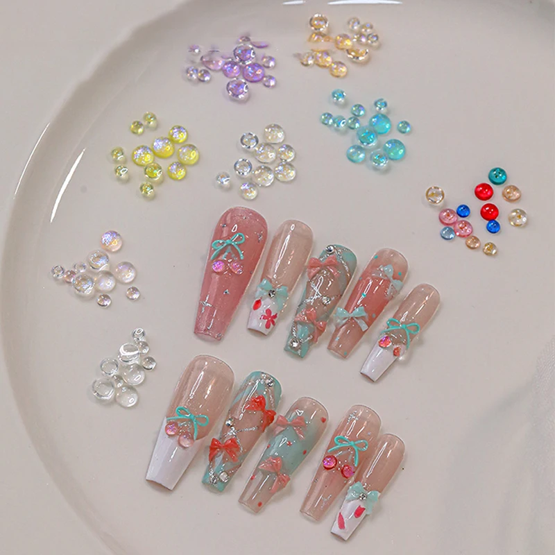

200Pcs Colorful Mermaid Bubble Bead Nail Art Accessories Flat Candy Colored Semi-Circular Diamond Nail Decoration