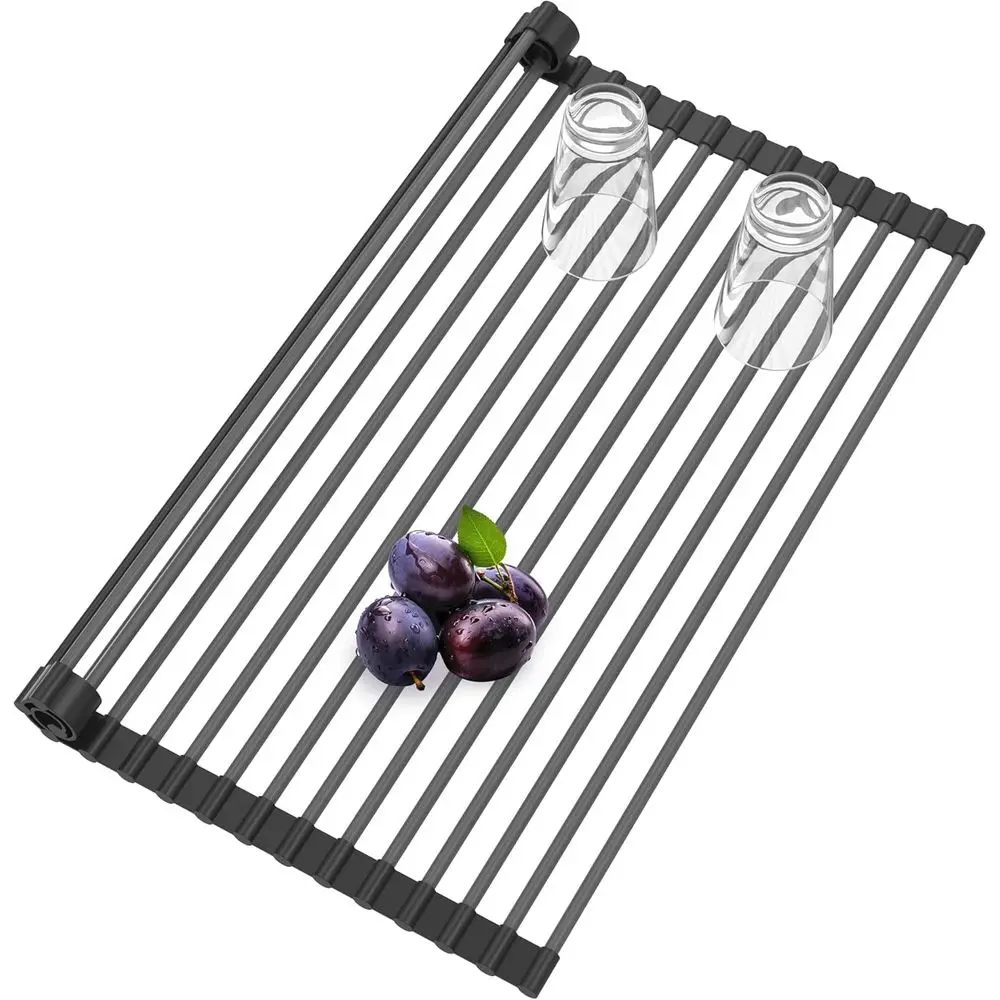 

Over-the-Sink Silicone Dish Drying Rack, Multipurpose Folding Stainless Steel Rack for Kitchen Counter, Sink, 17.3 x 12.4, Black