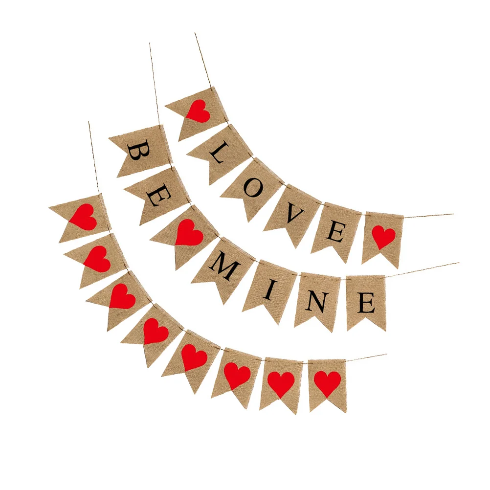 

3Pcs Linen Dovetail Banner Wedding Party Decorations Valentine's Day Love Pull Flag for Background Wall Decoration