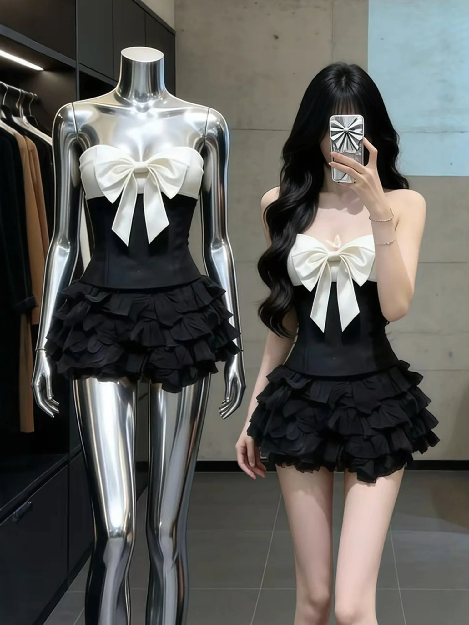 

Spring 2026 Pure Desire Color Collision 3D Knot Vest Strap Women's Spicy Girl Cake Skirt Two-Piece Set