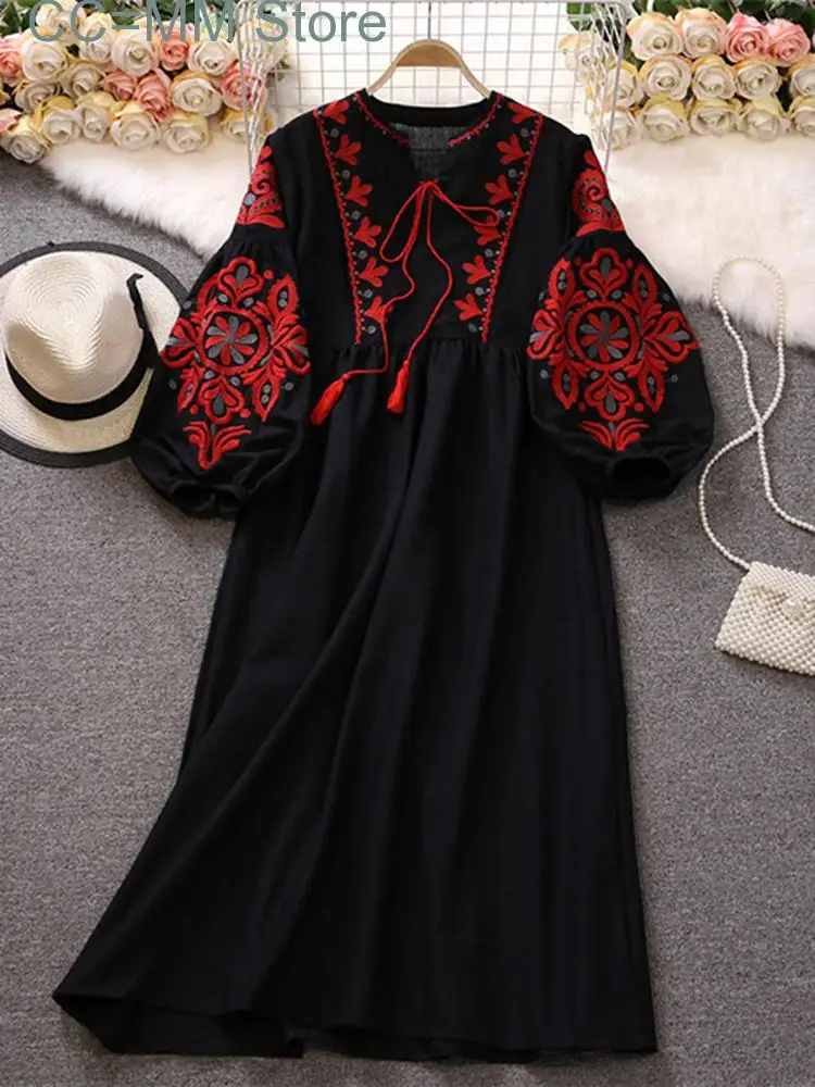 New Sweet Style Women Nice Foreve Dress Embroidery O-neck Bandage Long-sleeve White Dresses Womens Spring Summer