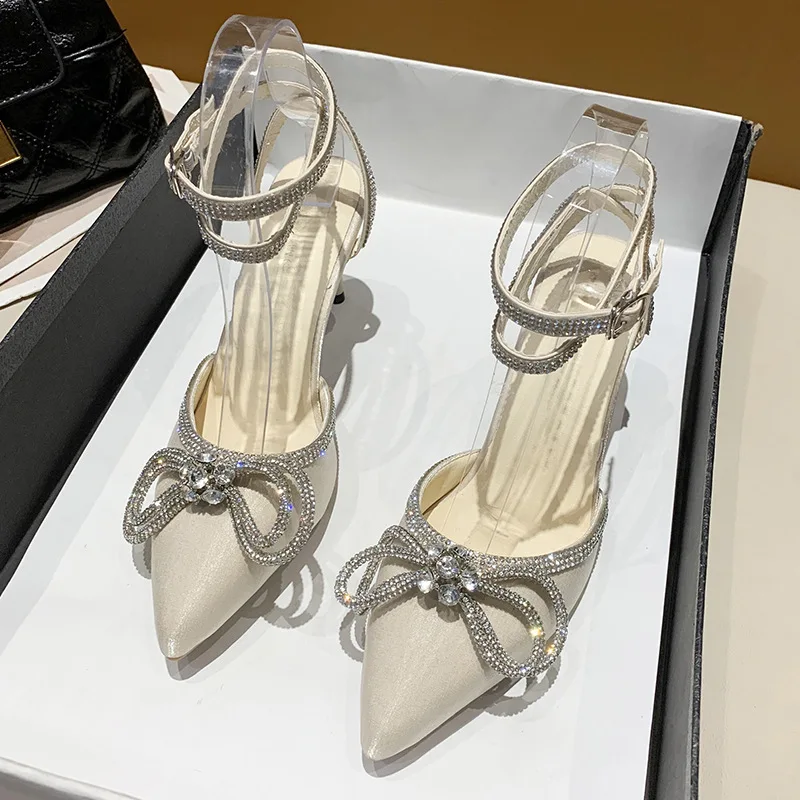 Banquet Dress White High Heels Elegant Temperament Dress Wedding Shoes Rhinestone Pointed Hollow Toe Sexy Sandals for Women