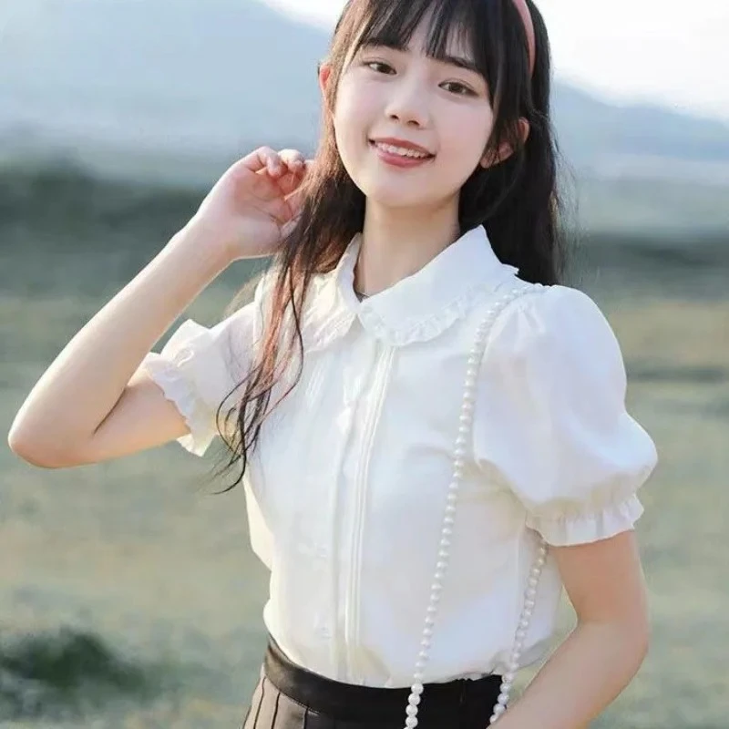 White Shirts Women Puff Sleeve Sweet Casual Aesthetics Preppy Kawaii Clothing Elegant Summer Temper Camisas Gentle Vintage Chic