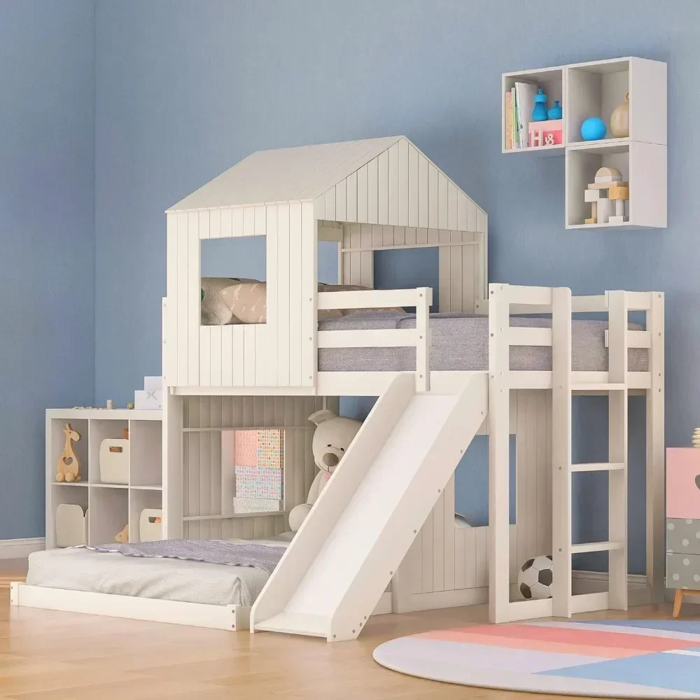 Litera casera con tobogán, madera con techo y riel protector para niños, niños pequeños, no necesita somier (blanco, cama doble con tobogán)