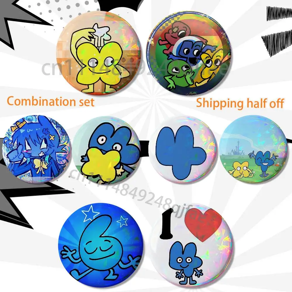 cute 4x Round BFDI Four HD Print Round Lapel Pins Pretty Derby 2 piece set Round Display Brooches Brooch Badges