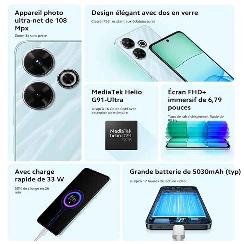 Xiaomi Redmi 13,Téléphones intelligents,MediaTek Helio G91-Ultra, appareil photo 108MP, 5030mA, charge rapide 33W, Écran 90 Hz,Version globale