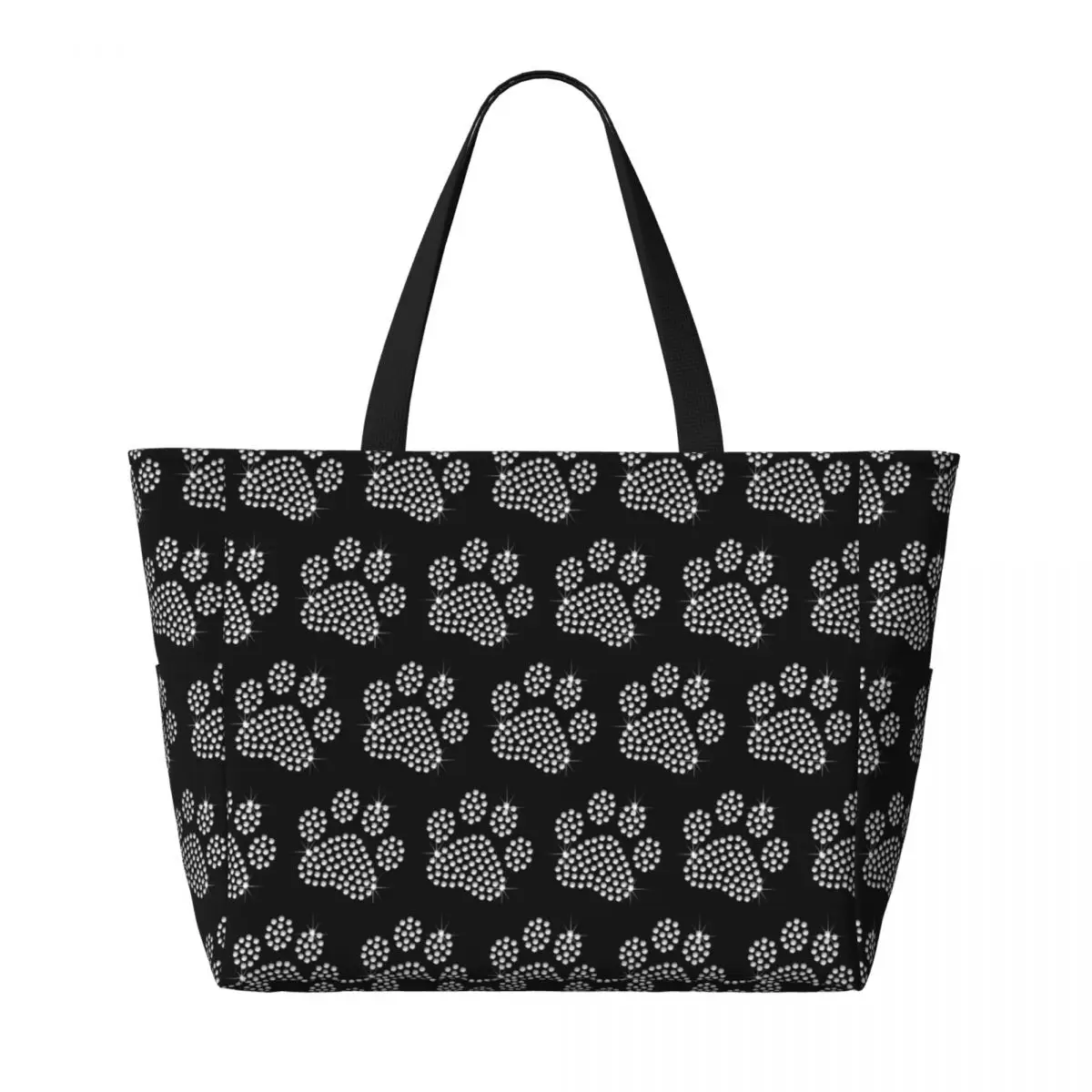 Custom Large Sparkle Rhinestone Dog Paw Tote Bag for Women Shoulder Shopper Gym Beach Travel Bag