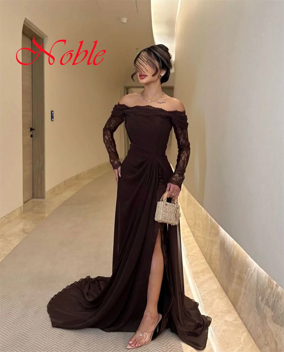 Customized High Quality audurn Chiffon Evening Dress Exquisite Boat Neck Off the Shoulder Lace Long Sleeves Cocktail Dress