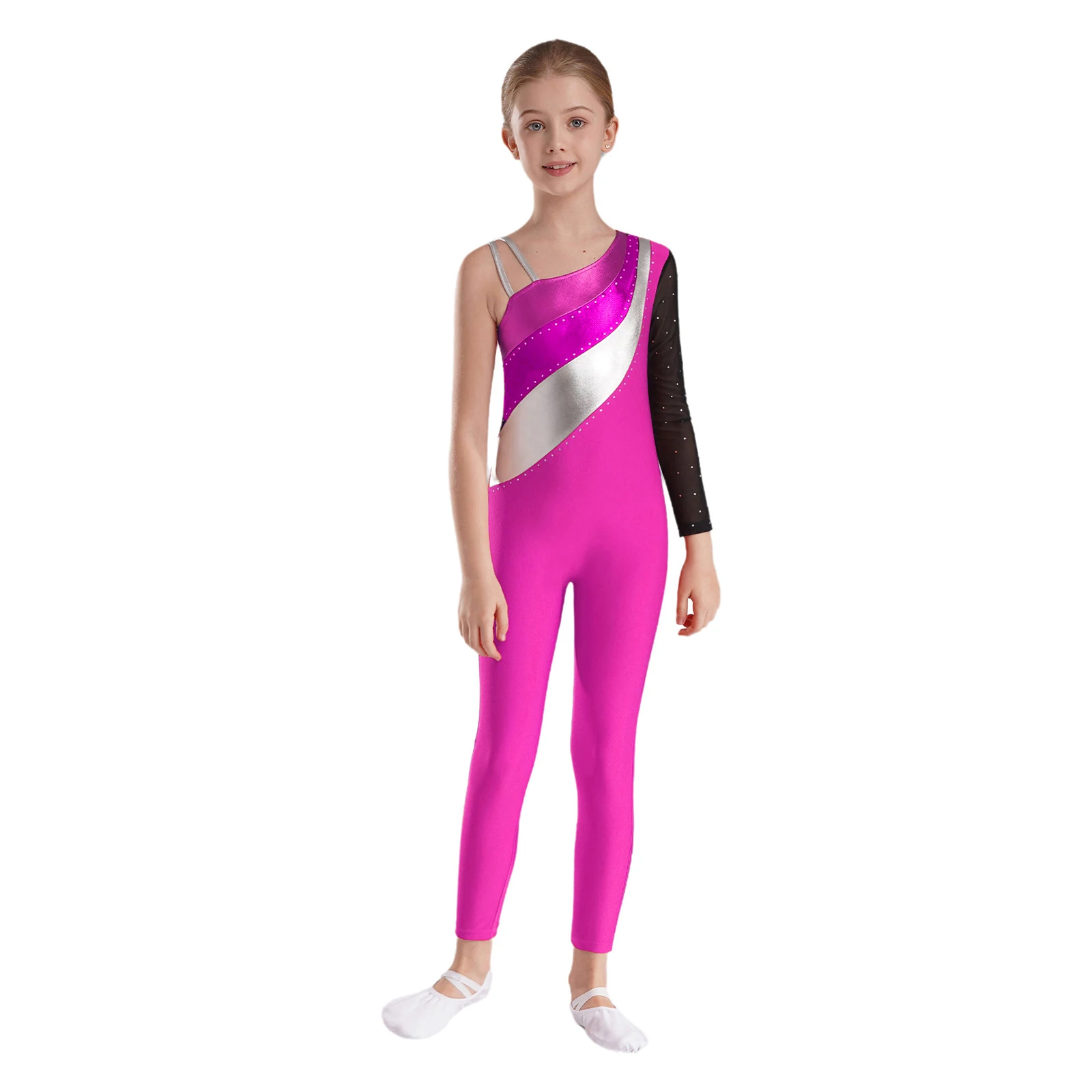 Kids Girls Gymnastics Jumpsuit One Shoulder Children Long Sleeve Metallic Patchwork Figure Skating Bodysuit Teens Dance Leotards