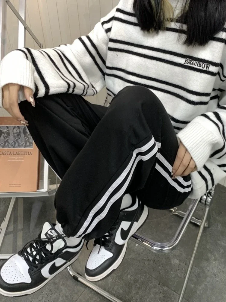 Casual Sweatpants Women Korean Style Classic Sports Pants Oversize Summer Joggers Baggy Gray Black Striped Wide Trousers