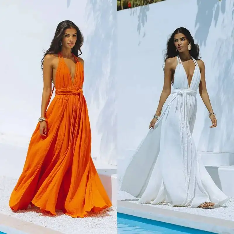 

Backless Sexy V Neck Bohemian Long Dresses Women 2026 Holiday Slim Hot Female Summer Sundresses Maxi Dress Ladies