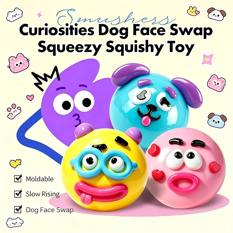 

2026 NEW Smushers Squishy, Curiosities Dog Face Swap Squishy Toy, Soft Moldable Cute Slow Rise Squeeze Toy, Relaxing Sensory Toy