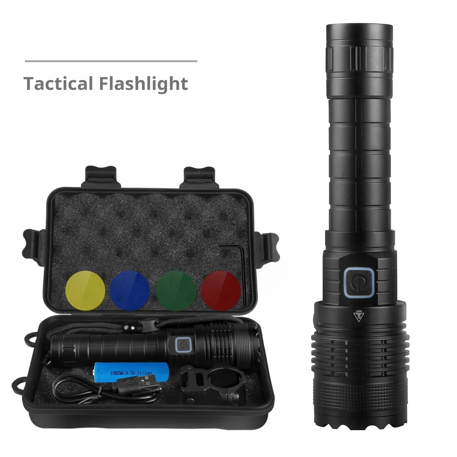 Tactical flashlight L2 high brightness, LED aluminum light cup fixed focus. USB charging, five light color switching, outdoor 10m camping atmosphere light string usb charging waterproof lamp for fishing camping