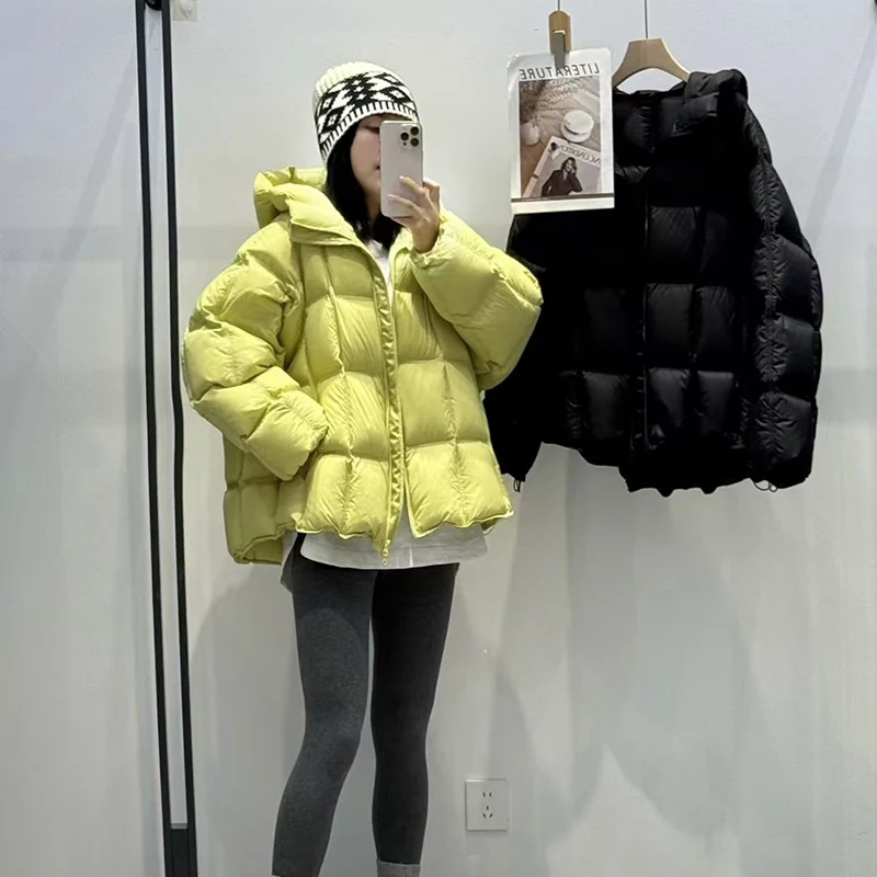 Schinteon feminino luz branca para baixo jaqueta com capuz solto sobre o tamanho casual outono inverno outwear quadrado quente casaco curto 2025 novo