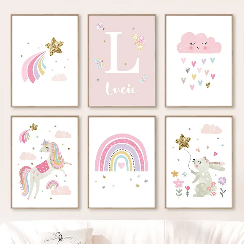 Rosa Einhorn Leinwand Malerei Kaninchen Regenbogen Wolke Blume Kinderzimmer Wand Kunst Poster Druck Kinderzimmer Dekoration