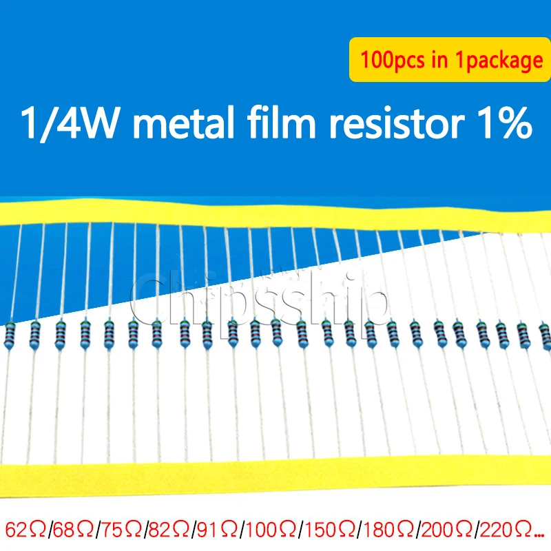 

14 W Metal Film Resistance 1 Five-color Ring Resistor 62ohms 68ohms 75ohms 82ohms 91ohms 100ohms 910ohms